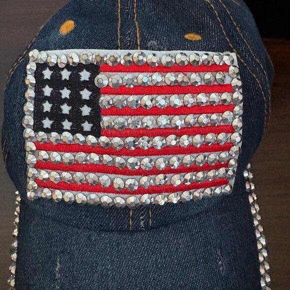 Denim Blue Unbranded American Flag Sequin Hat Leather Strapback Baseball Cap - Picture 6 of 7